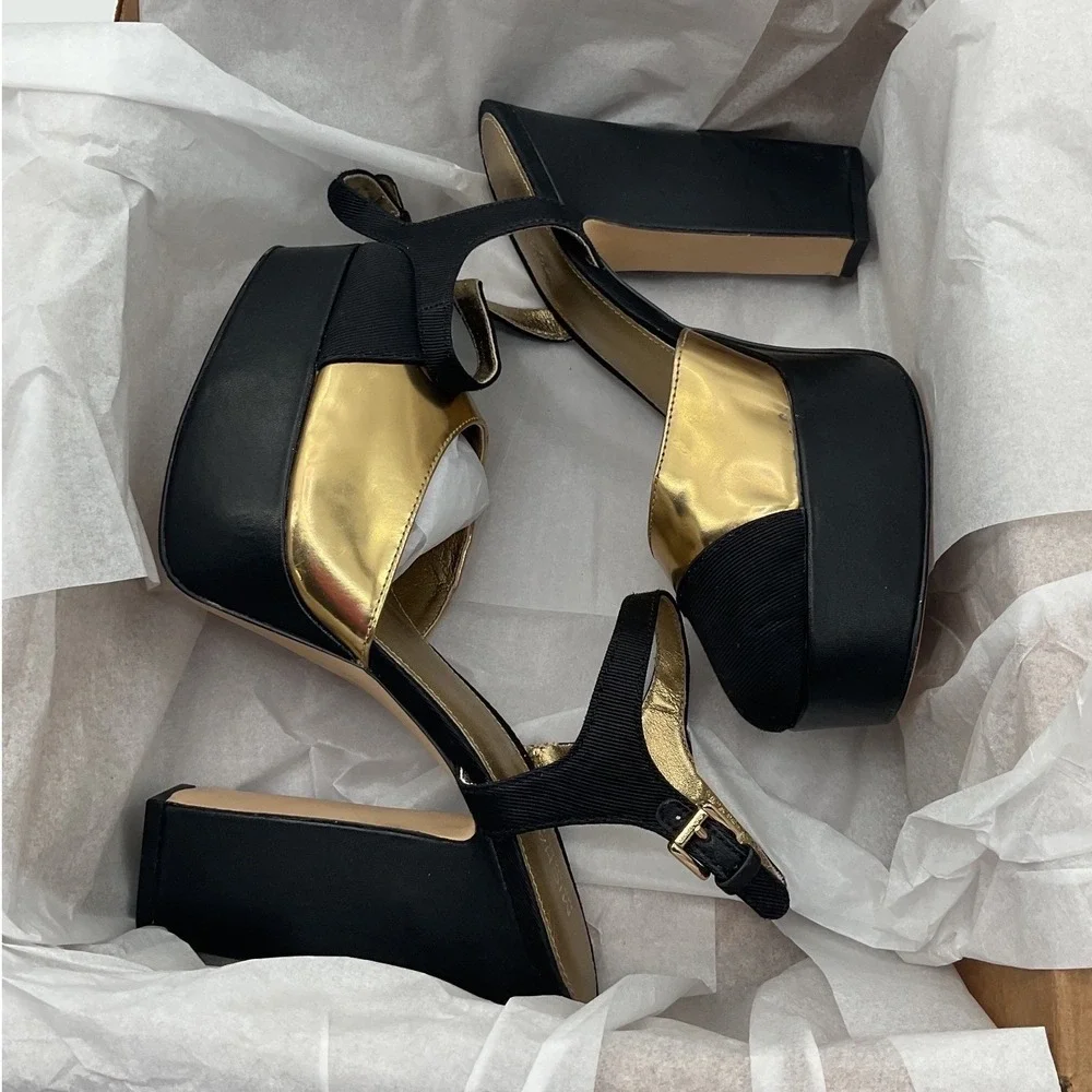 Michael Kors Bennett Gold Black Platform Block Heel Sandals Womens 6M Resort 19